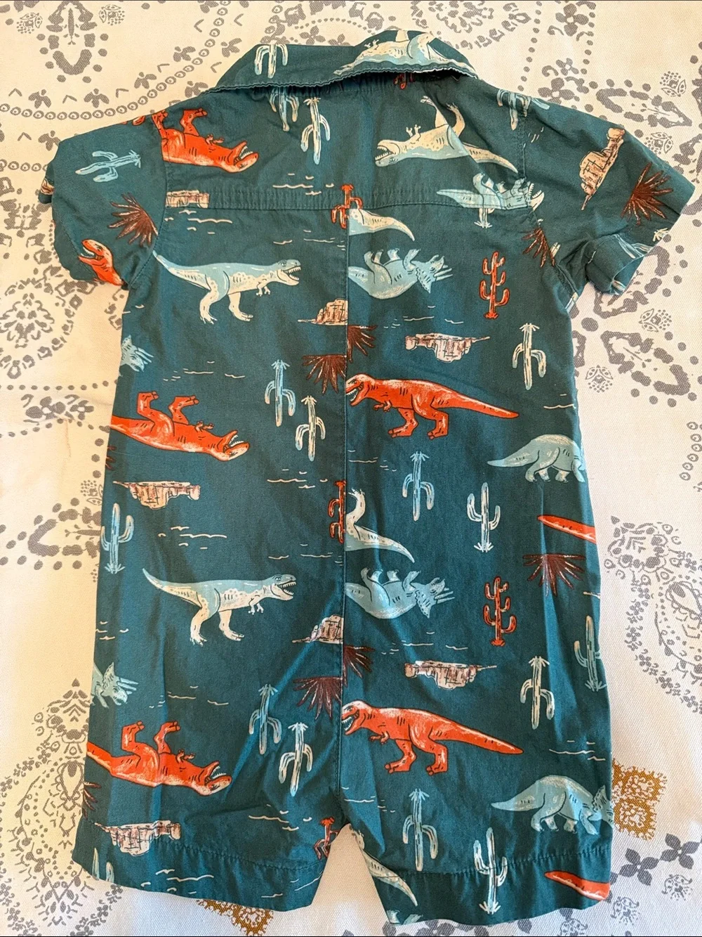 Carter's Denim Print Romper & Teal Dino-Print Short Romper